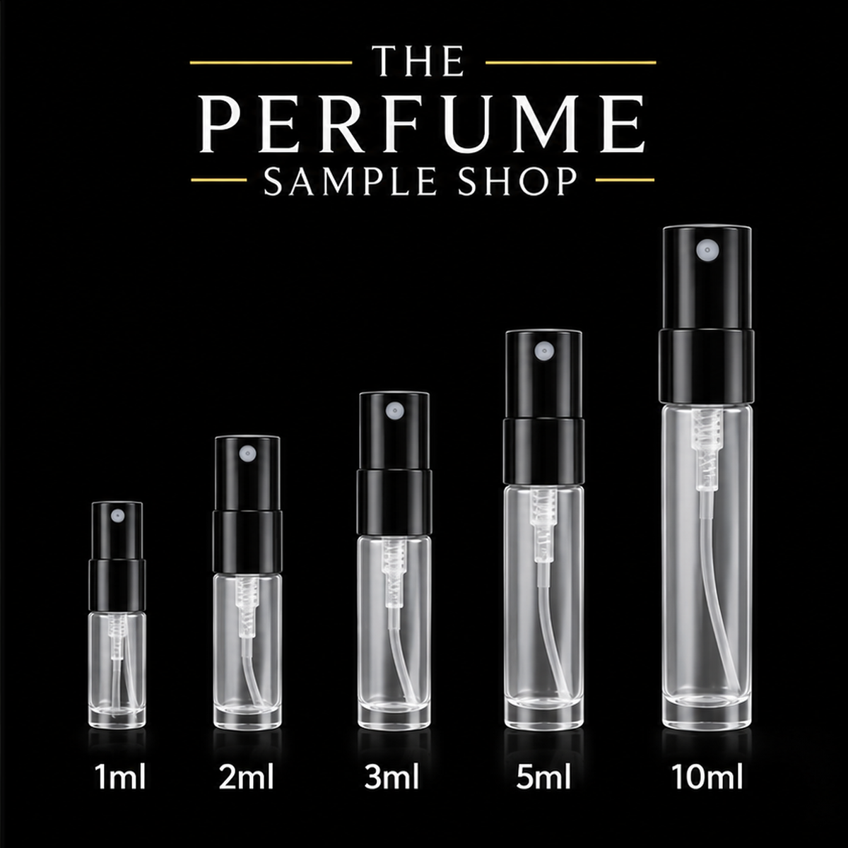 The Perfume Sample Shop clear atomiser sample sizes 1ml 2ml 3ml 5ml 10ml on black background