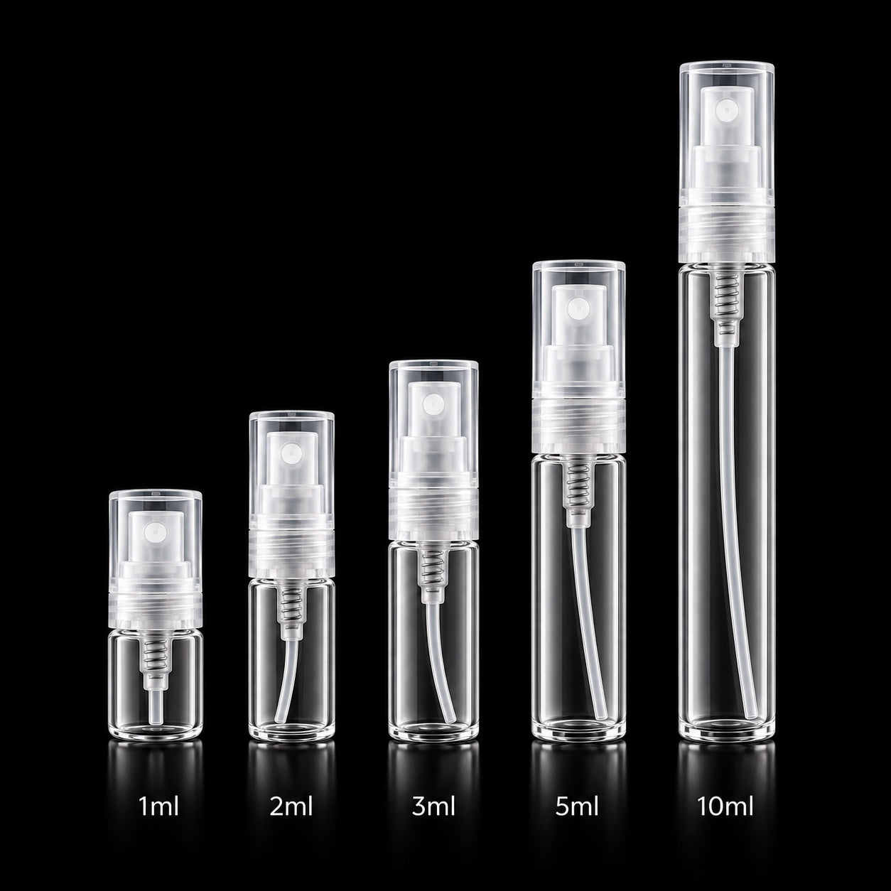 Clear fragrance sample atomisers in 1ml, 2ml, 3ml, 5ml and 10ml sizes