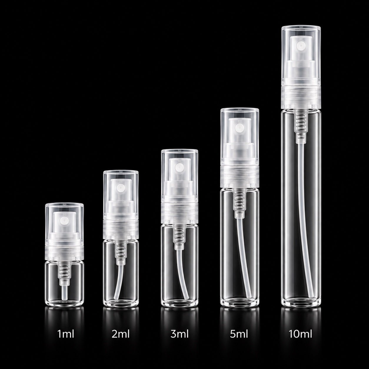 Clear fragrance sample atomisers in 1ml, 2ml, 3ml, 5ml and 10ml sizes