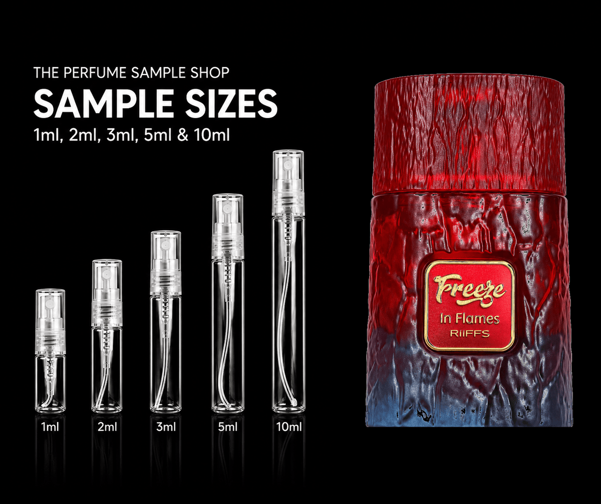 RiiFFS Freeze In Flames sample sizes 1ml 2ml 3ml 5ml 10ml with clear atomisers on black background