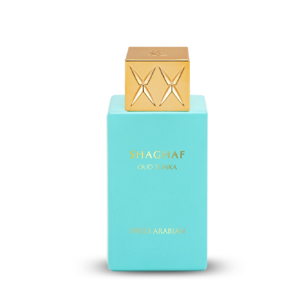 Swiss Arabian Shaghaf Oud Tonka perfume bottle on white background