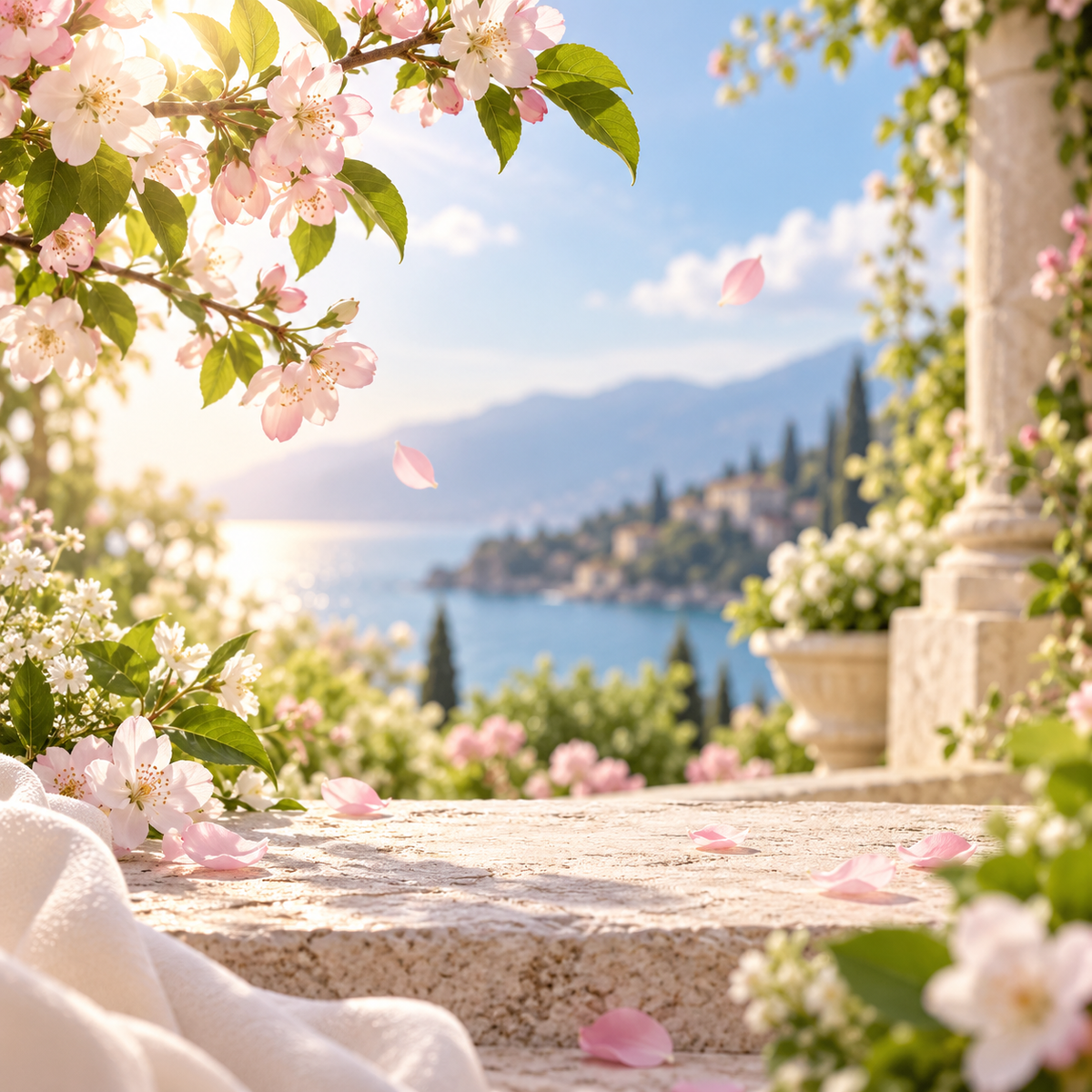 Spring and summer fragrance collection with blossoms and bright lakeside scenery