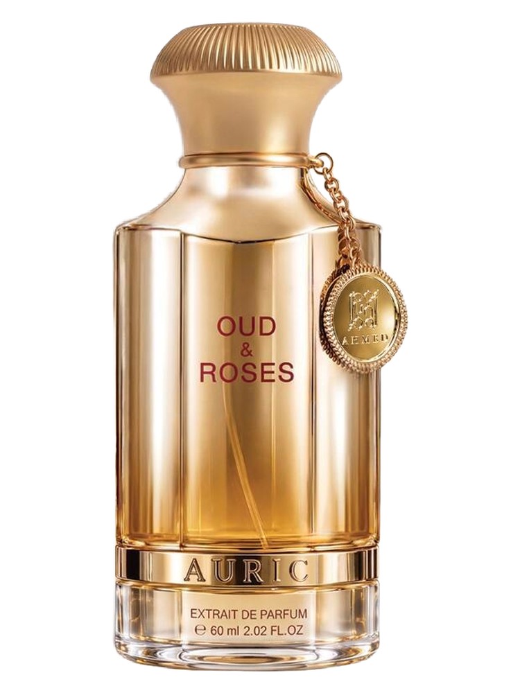 Ahmed Al Maghribi Oud & Roses Auric perfume bottle on white background