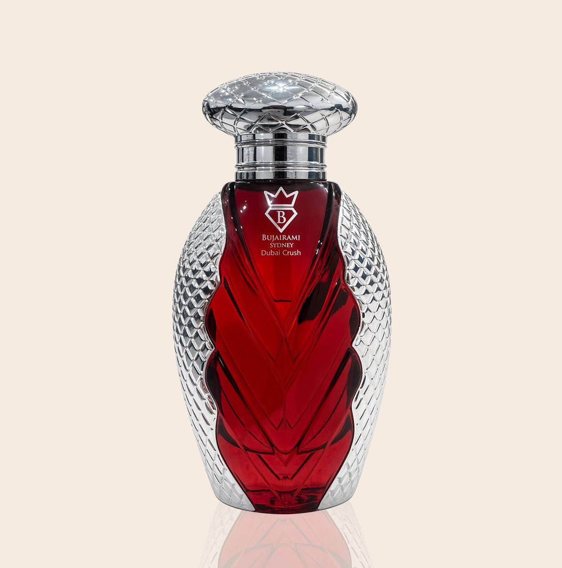 Bujairami Dubai Crush original 100ml red fragrance bottle with silver ornate cap