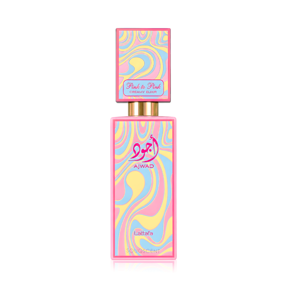 Lattafa Ajwad Pink to Pink Creamy Elixir 60ml Eau de Parfum bottle on white background