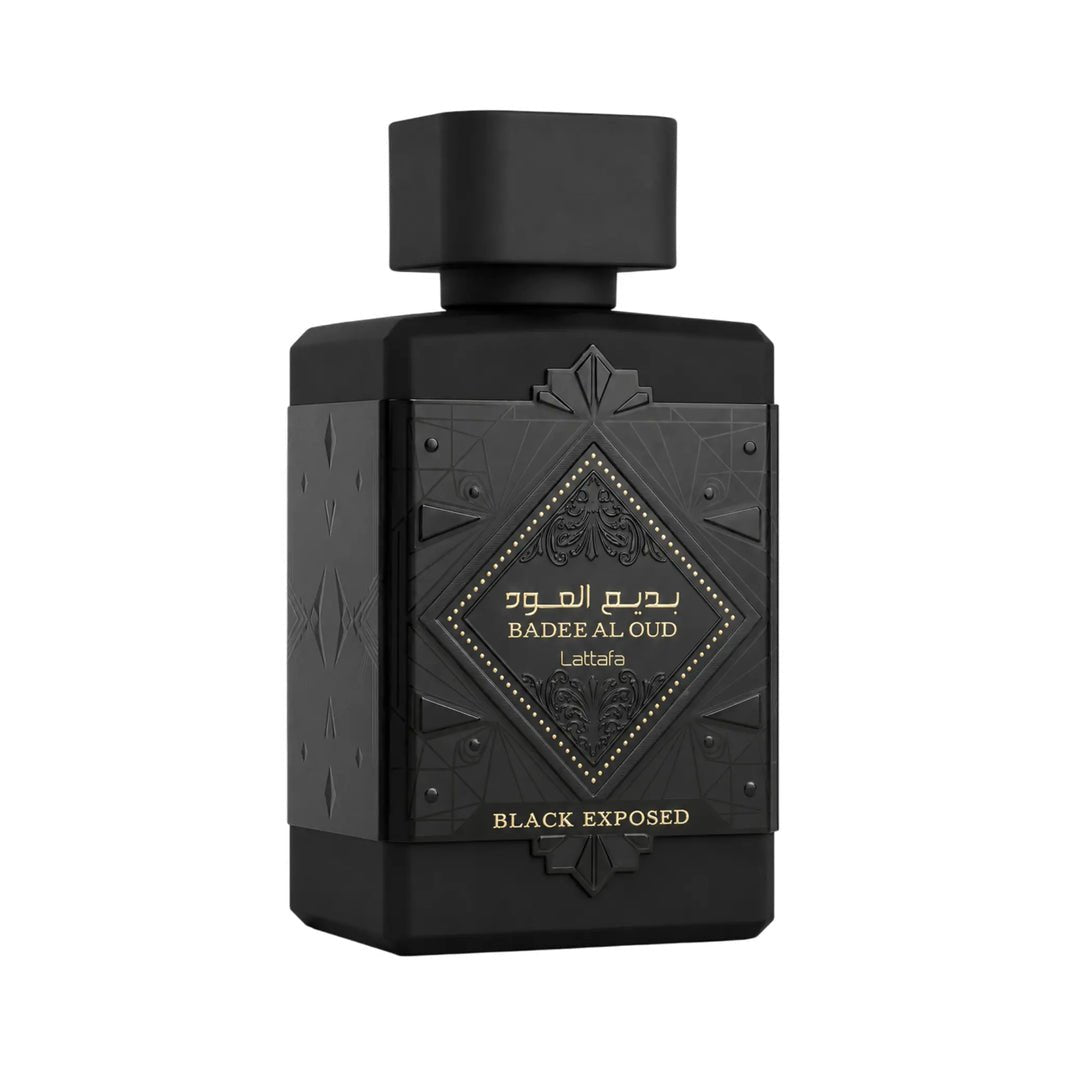 Lattafa Bade'e Al Oud Black Exposed Eau de Parfum bottle on white background