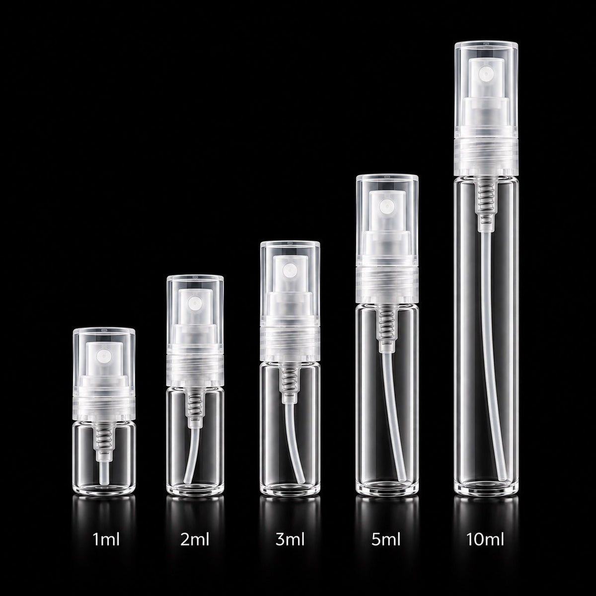 Clear fragrance sample atomisers in 1ml, 2ml, 3ml, 5ml and 10ml sizes
