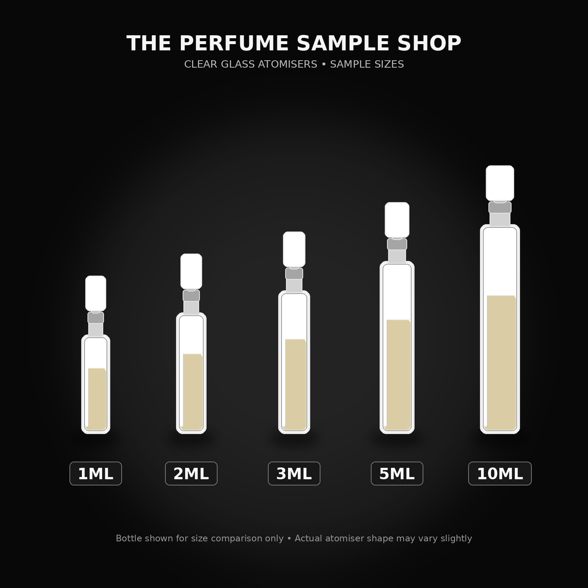 Clear glass perfume sample atomisers labelled 1ML 2ML 3ML 5ML and 10ML