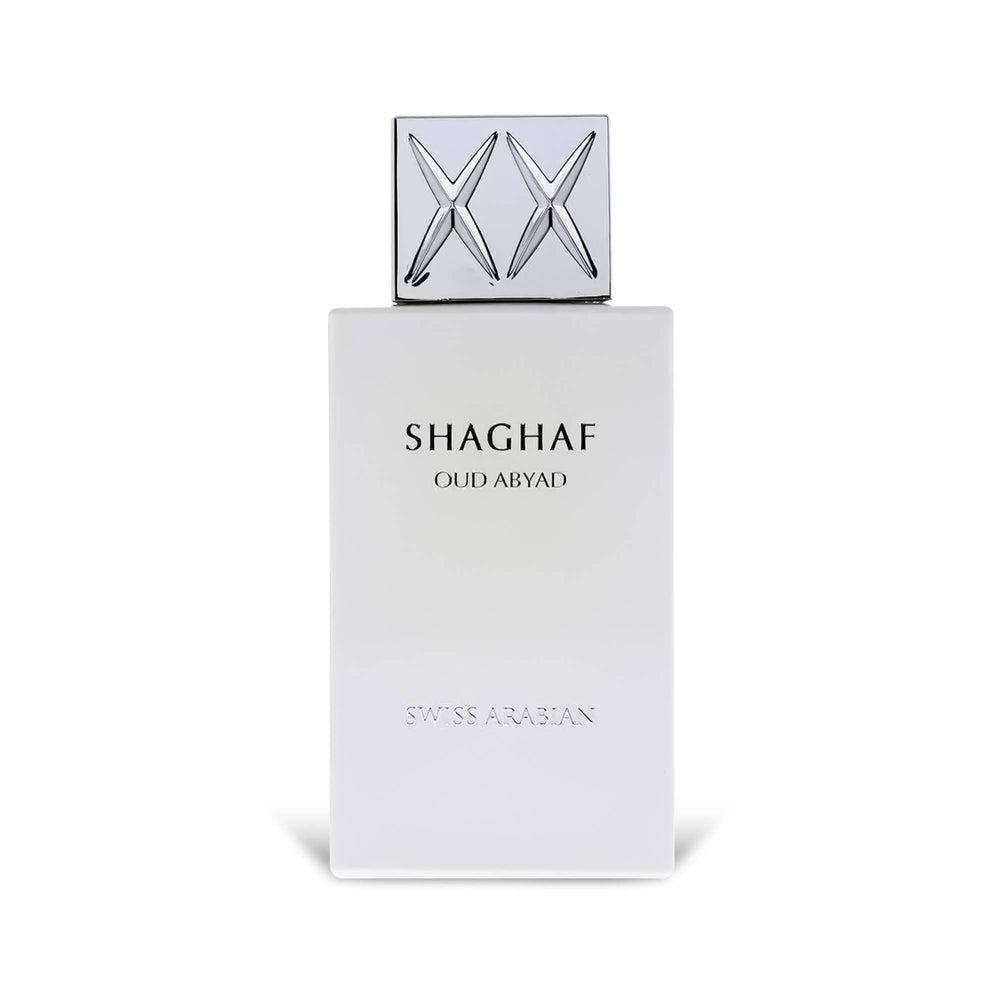 Swiss Arabian Shaghaf Oud Abyad perfume bottle on white background